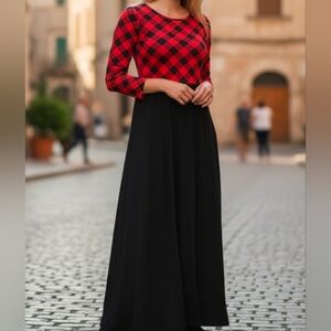 Red & Black Plaid Long Sleeve Maxi Dress with Pockets | Size Large
